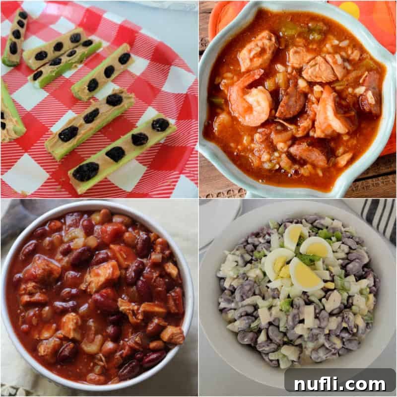 A collage featuring various delicious celery recipes including soups, salads, and snacks.