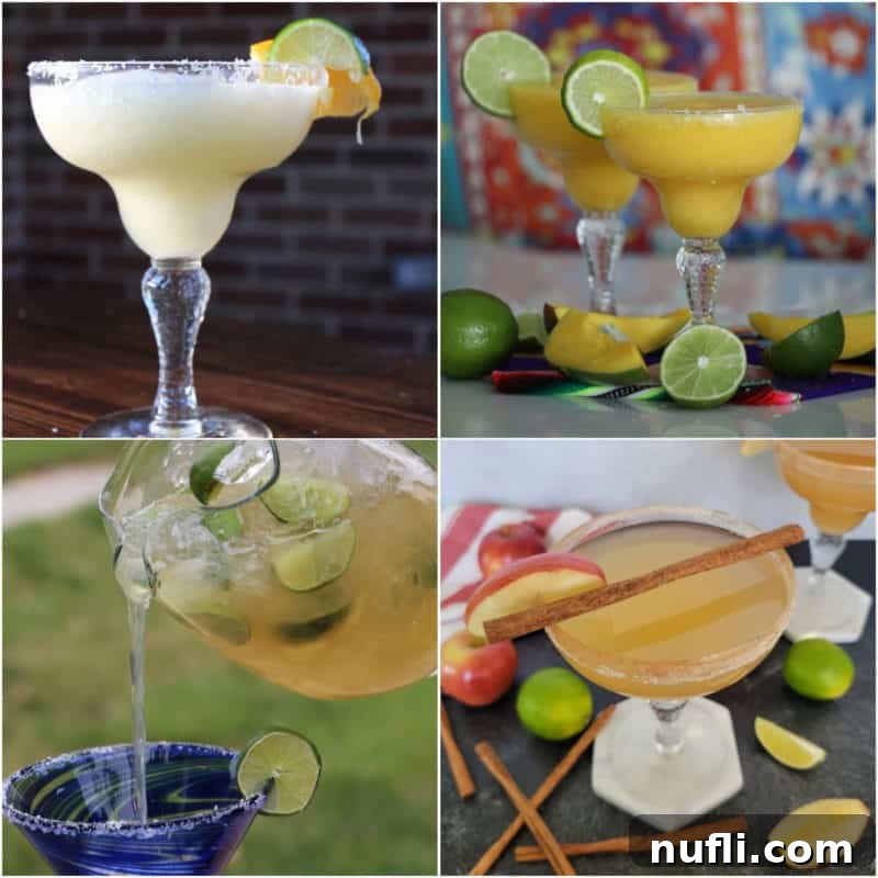 Collage of easy margarita recipes including classic, frozen, and fruity variations