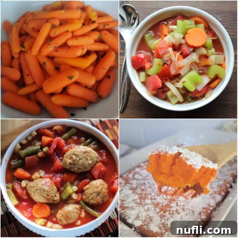 Collage of diverse carrot recipes including soup, souffle, and Cracker Barrel carrots, showcasing their versatility.