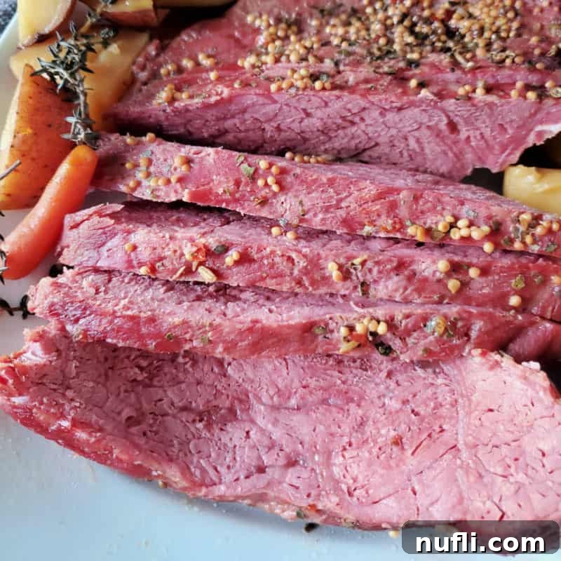 Flavorful Guinness corned beef, seasoned and sliced, presented on a pristine white platter alongside tender carrots and potatoes, creating a vibrant feast.
