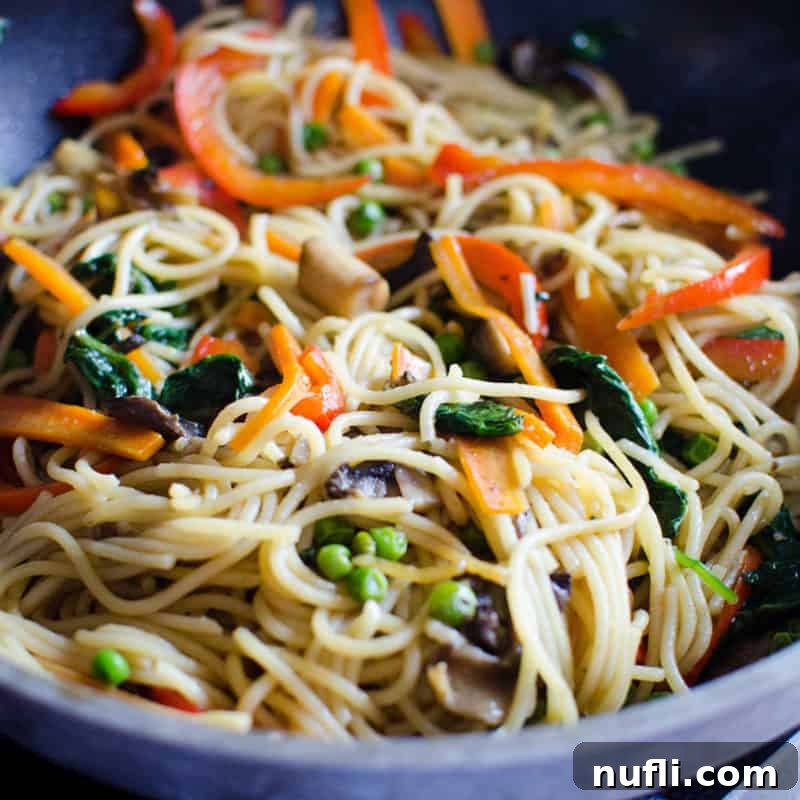 A vibrant bowl of Easy Vegetable Lo Mein, brimming with colorful vegetables and noodles, promising a quick and flavorful meal.