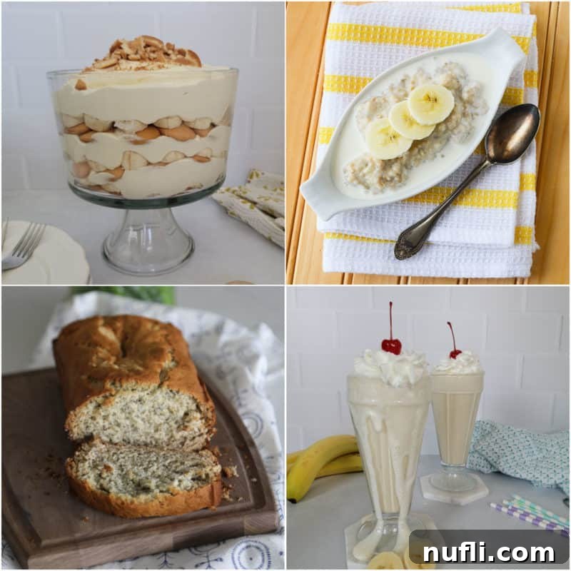 Collage of banana recipes including banana pudding, oatmeal, bread, and milkshake