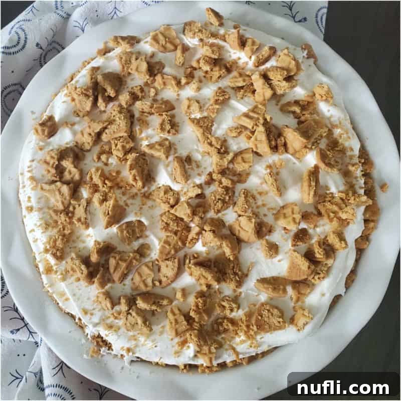Nutter Butter Banana Pudding in a white pie dish with a cloth napkin