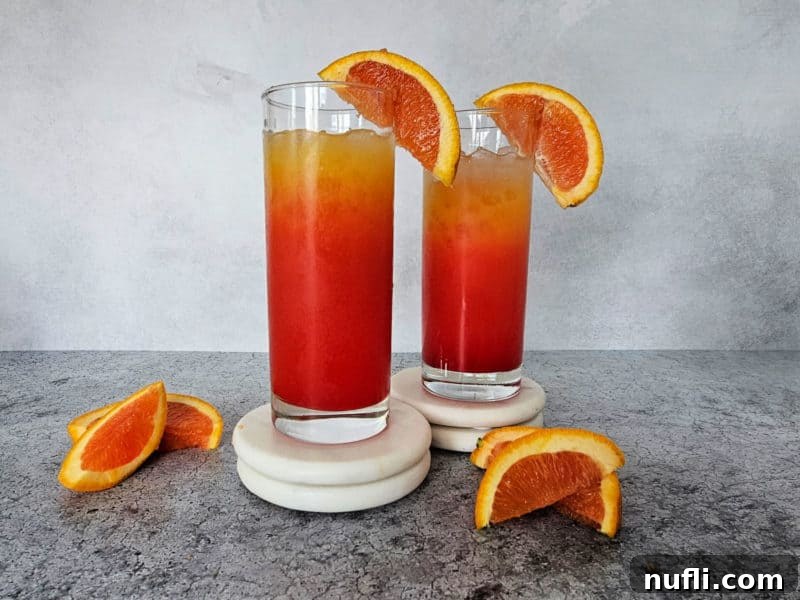 Two Vodka Sunrise drinks in tall glasses with orange wedge garnish on white coasters