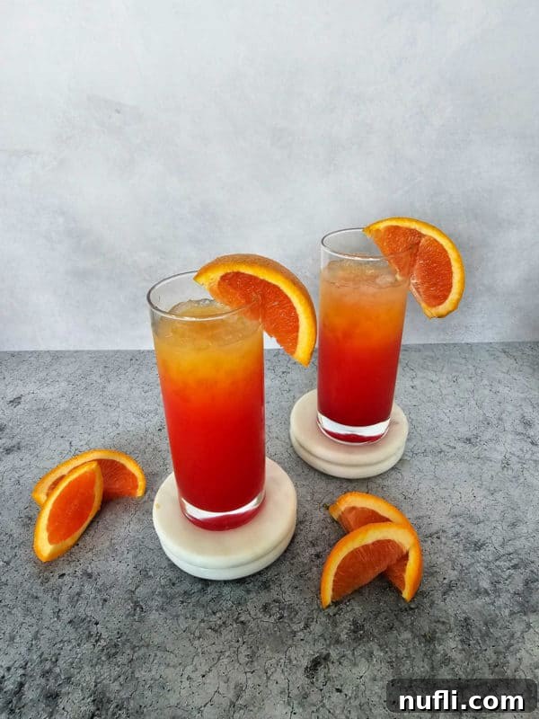 Best Vodka Sunrise Cocktails in tall glasses sitting on white coasters. 
