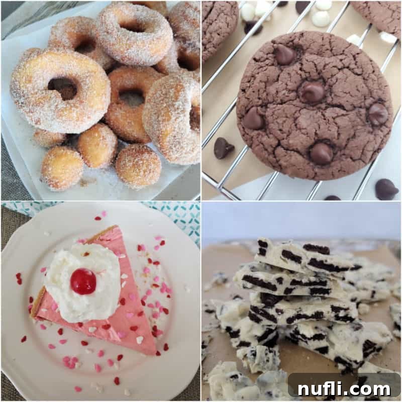 Collage of easy dessert recipes donuts, cookie, pie, and oreo bark