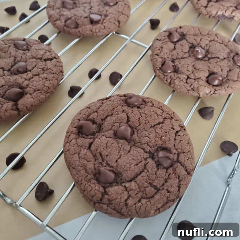 Chocolate Cake Mix Cookies on a wire rack with chocolate chips