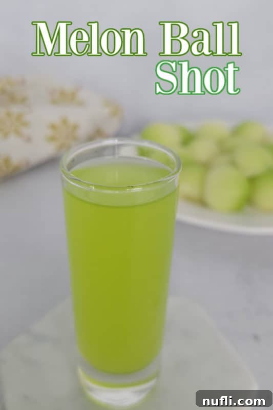 Vibrant green Melon Ball Shot with text overlay, ready to be enjoyed.