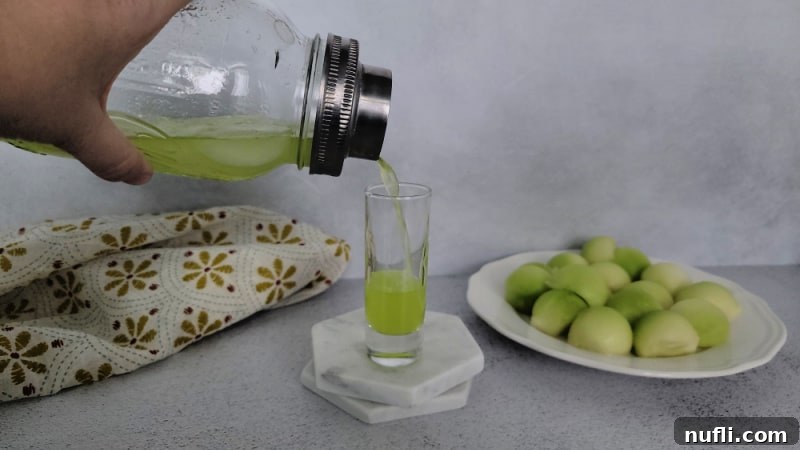 Pouring a vibrant green Melon Ball Shot from a cocktail shaker into a small shot glass, with fresh melon nearby.