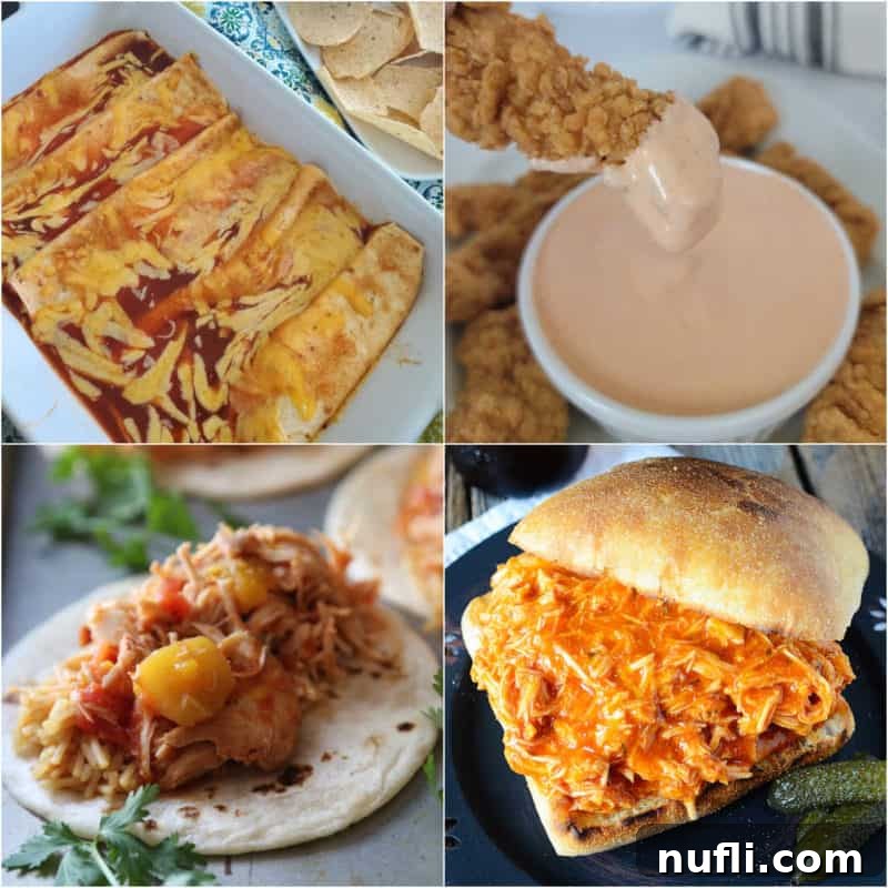 Three Ingredient Feasts Simple Scrumptious 2 Collage of 3 ingredient recipes with enchiladas, spicy mayo dip, mango chicken and buffalo chicken