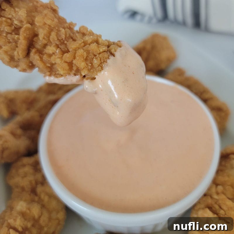 3 Ingredient Japanese Spicy Mayo on a chicken finger above a bowl filled with spicy mayo