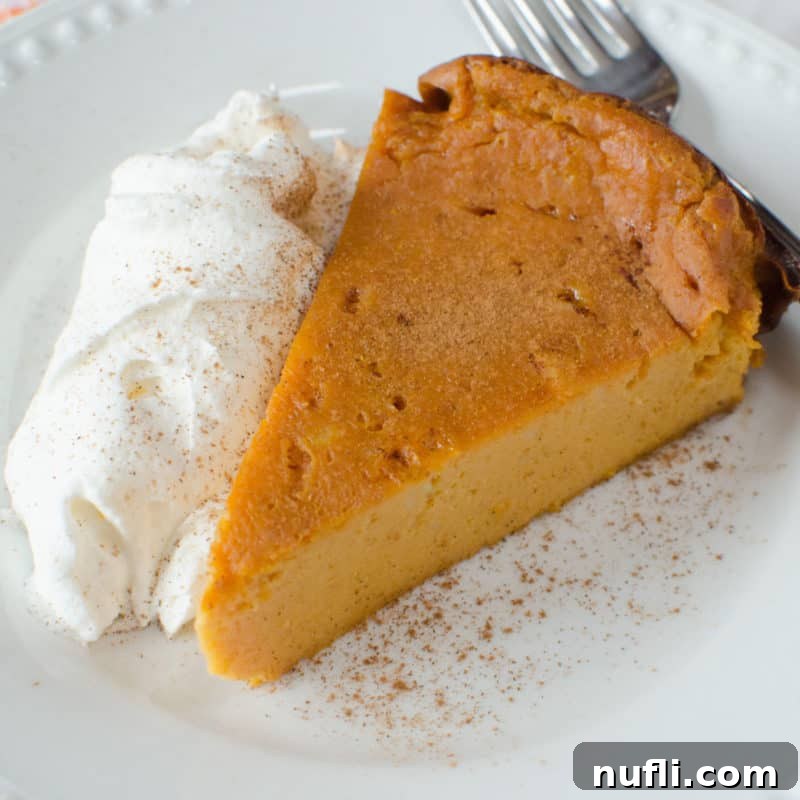 Cozy Autumn Treats You'll Love 32 A delightful serving of Pumpkin Pie Pudding Cake on a white plate, elegantly garnished with a swirl of fresh whipped cream, ready to be enjoyed.