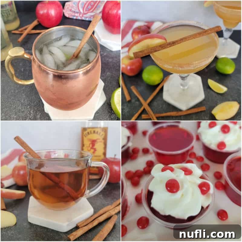 Dozens of Cozy Fall Cocktails for the Perfect Autumn 2 Collage of Fall Cocktails including apple cider mule, margarita, fireball apple cider, and fireball jello shots