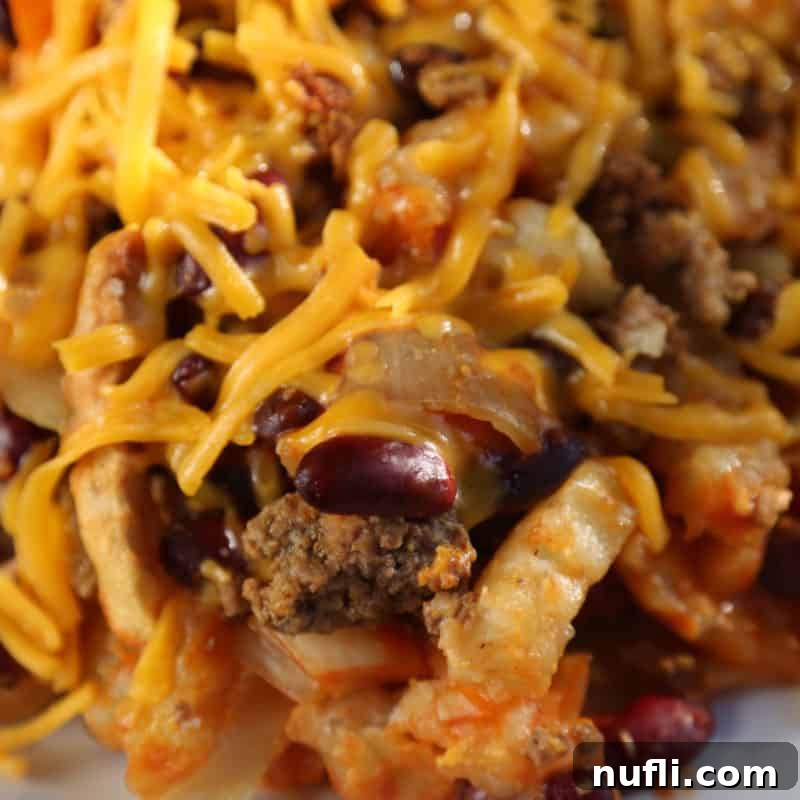 French fry casserole with kidney beans and cheese on a white plate
