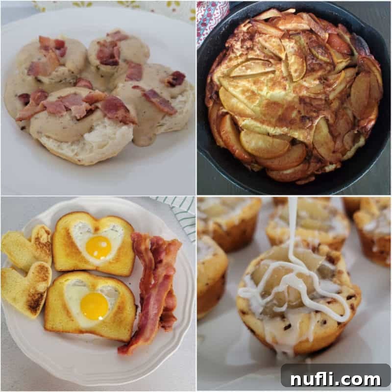 Collage of diverse breakfast for dinner recipes including bacon gravy, a Dutch pancake, perfectly cooked eggs, and a cinnamon roll, showcasing a variety of options for evening meals.
