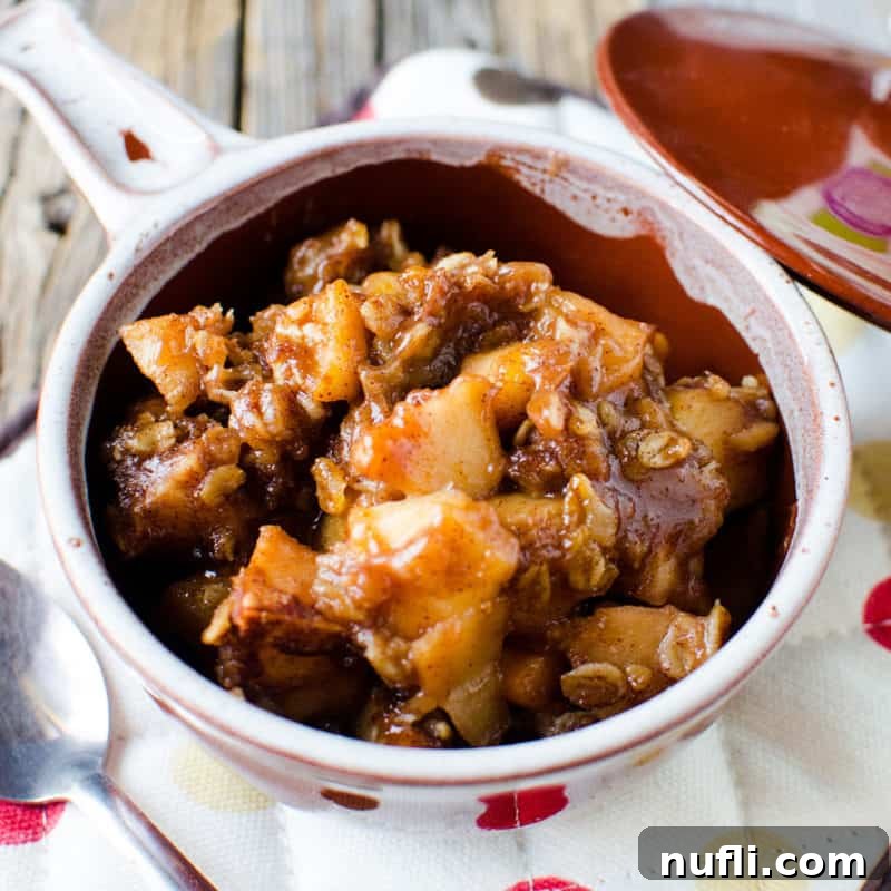 A bowl of warm Crockpot Apple Cinnamon Oatmeal on a cloth napkin, garnished with fresh apple slices.
