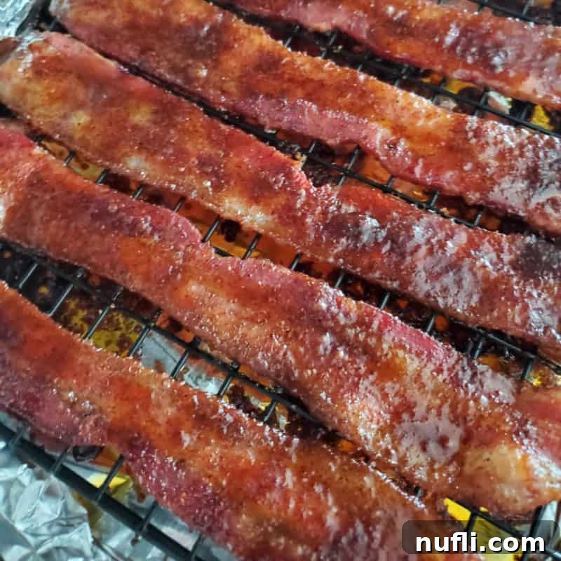 Strips of perfectly glazed Bacon Candy resting on a wire rack over aluminum foil, showcasing its irresistible shine.
