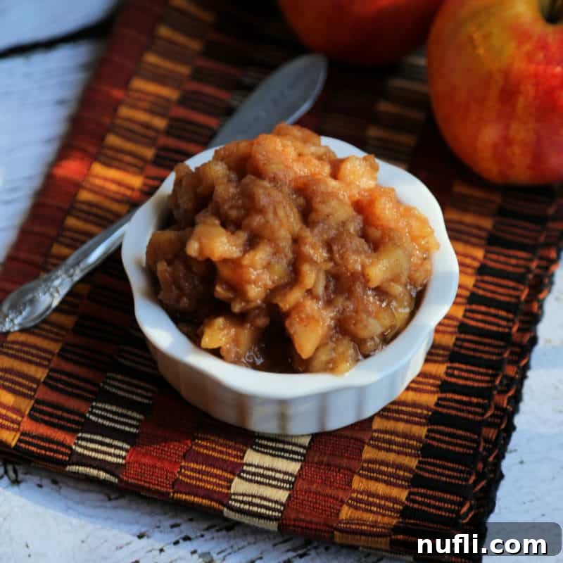 Rich, chunky apple butter in a white ramekin next to a knife and fresh apples, highlighting its homemade appeal.