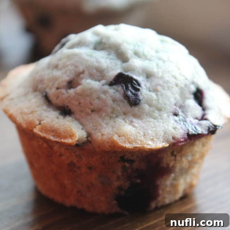 A freshly baked homemade blueberry muffin resting on a rustic wood board, highlighting its tender crumb and fruit filling.