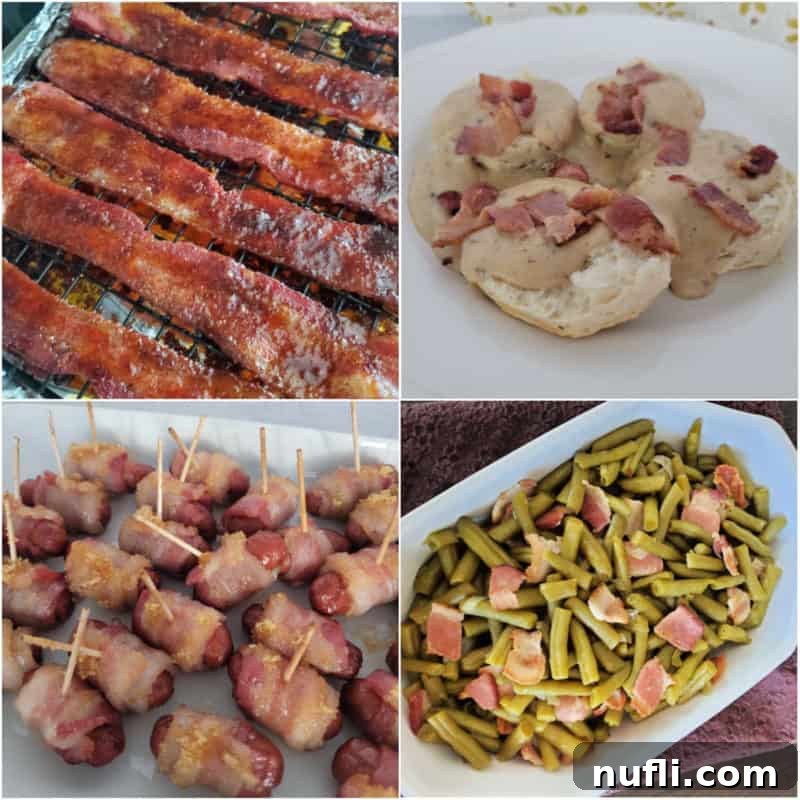 Collage of bacon recipes including candy bacon, bacon gravy, bacon wrapped smokies, and green beans
