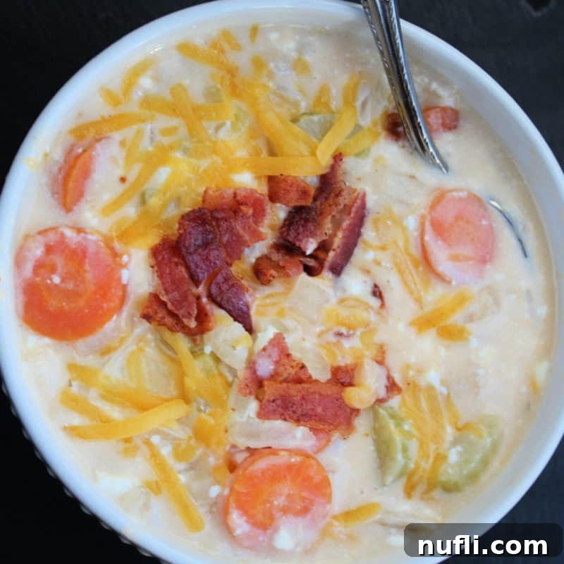 beer cheese soup with bacon garnish in a white bowl with silver spoon