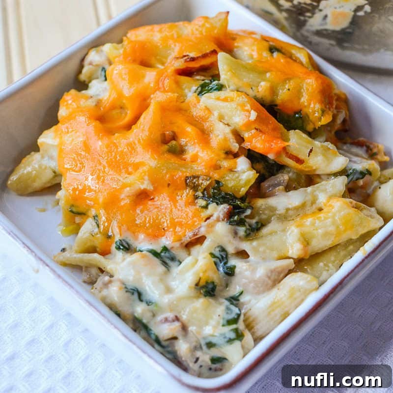 chicken pasta casserole with cheese in a white bowl