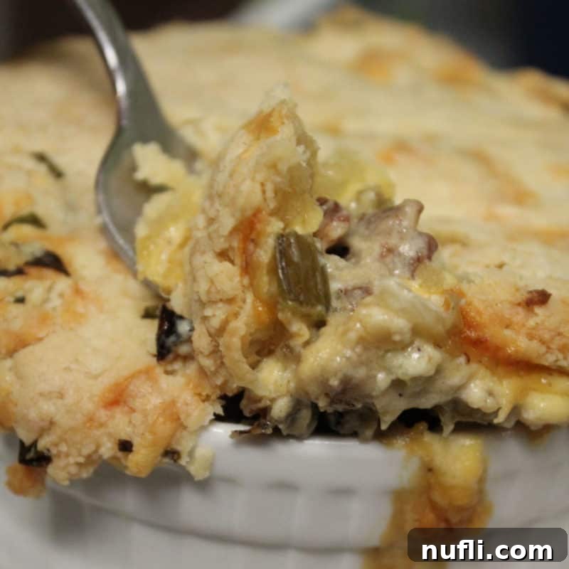 bacon pot pie in a white baking dish
