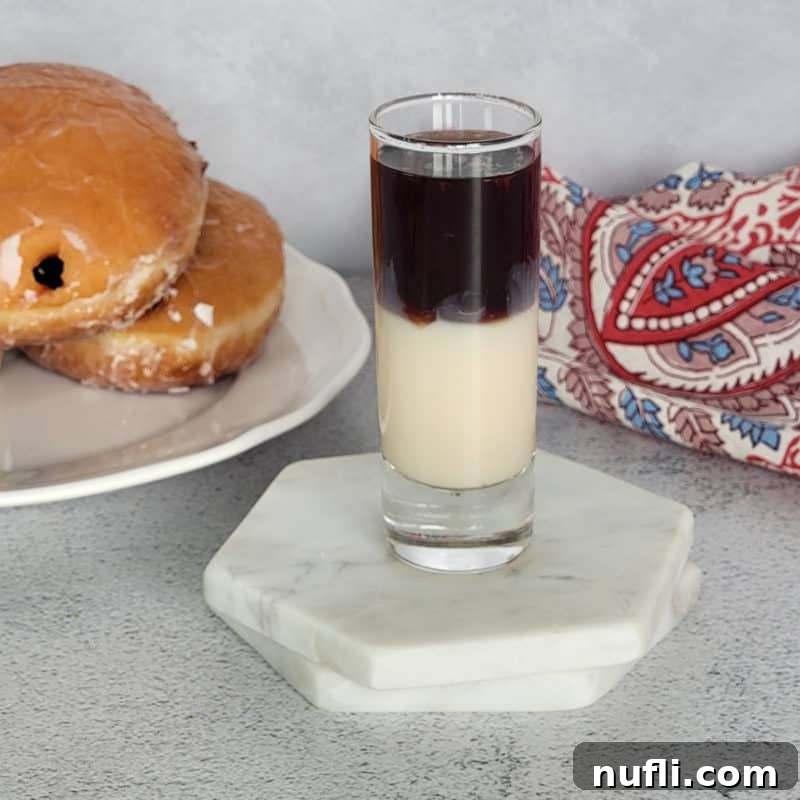 Layered Jelly Donut shot next to a jelly doughnut and napkin
