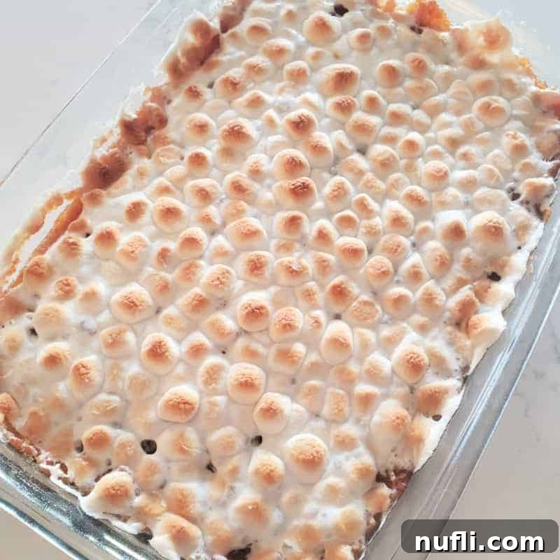 A festive Sweet Potato Casserole topped with golden mini marshmallows, ready to serve in a glass casserole dish.