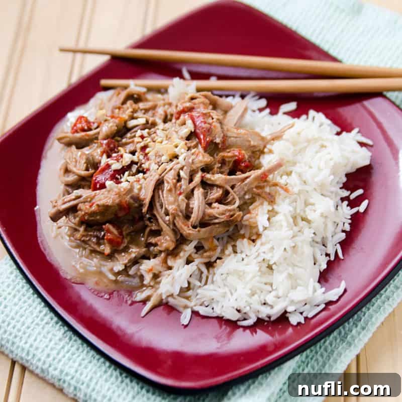 Irresistible Peanut Butter Creations 25 red plate with Thai pork and rice next to chopsticks