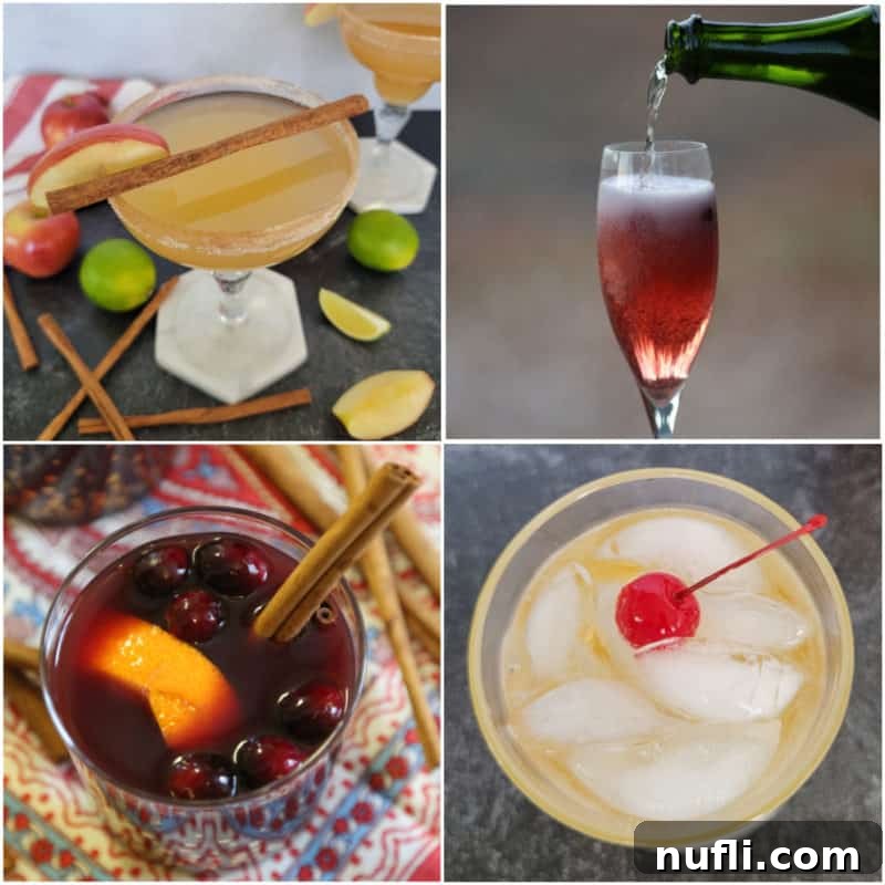 Collage of Thanksgiving Cocktails with apple cider margarita, cranberry mimosa, mulled wine, and fireball ginger ale cocktail 