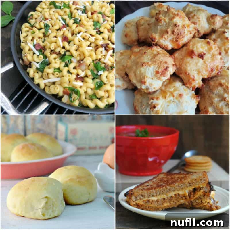 A collage featuring various delectable soup side dishes including pasta salad, fluffy biscuits, soft rolls, and a savory sloppy joe grilled cheese sandwich, all perfectly complementing a warm bowl of soup.