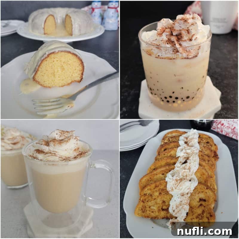 Collage of diverse eggnog recipes including cake, various drinks, and french toast, showcasing festive holiday uses for eggnog