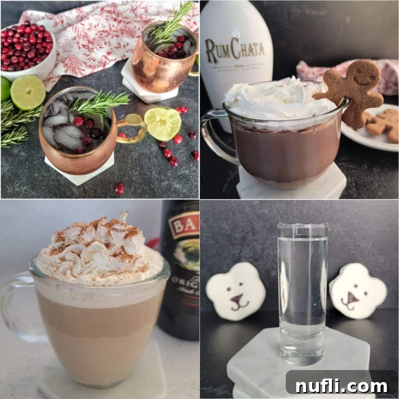 Collage of winter cocktails with hot chocolate, coffee, and a cranberry mule