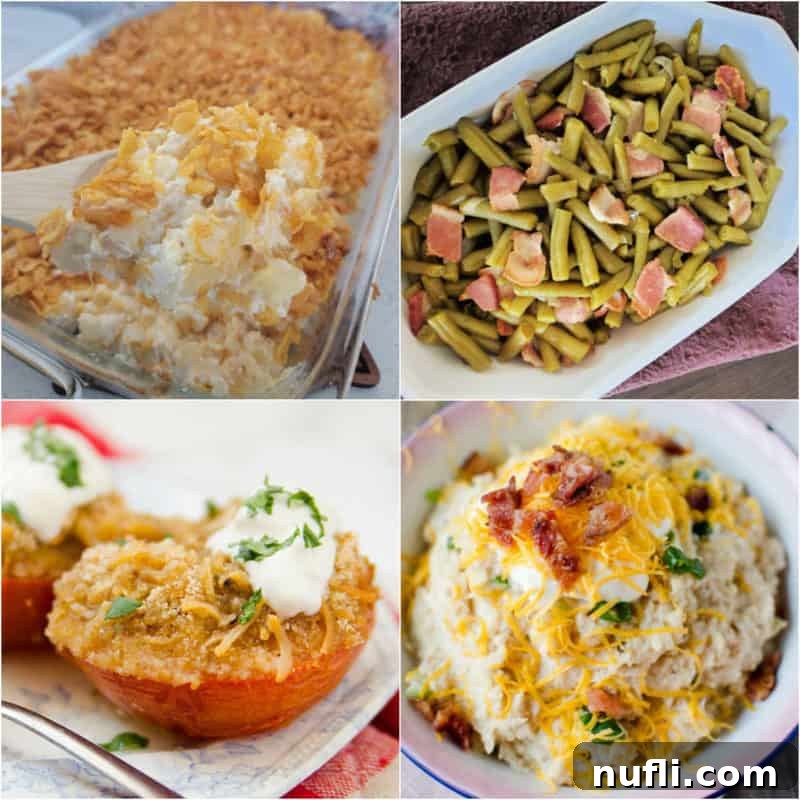 A collage featuring various delectable meatloaf sides, including creamy funeral potatoes, crisp green beans, savory stuffed tomatoes, and fluffy mashed cauliflower.