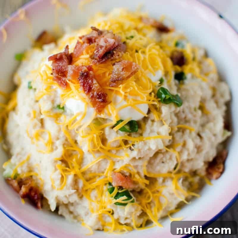 Creamy mashed cauliflower, generously topped with melted cheddar cheese and crispy bacon bits.