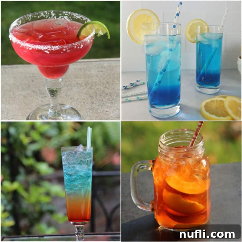 Collage of Fruity Alcoholic Drinks with a red margarita, blue drink, rainbow drink, and peach tea