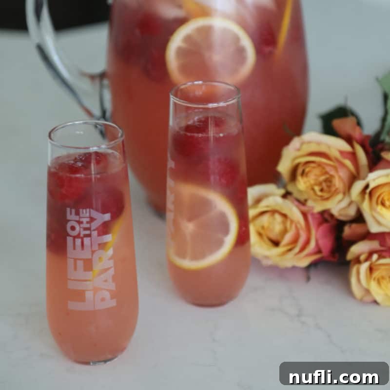 Raspberry Lemonade Moscato Punch in two glasses and a large pitcher next to roses
