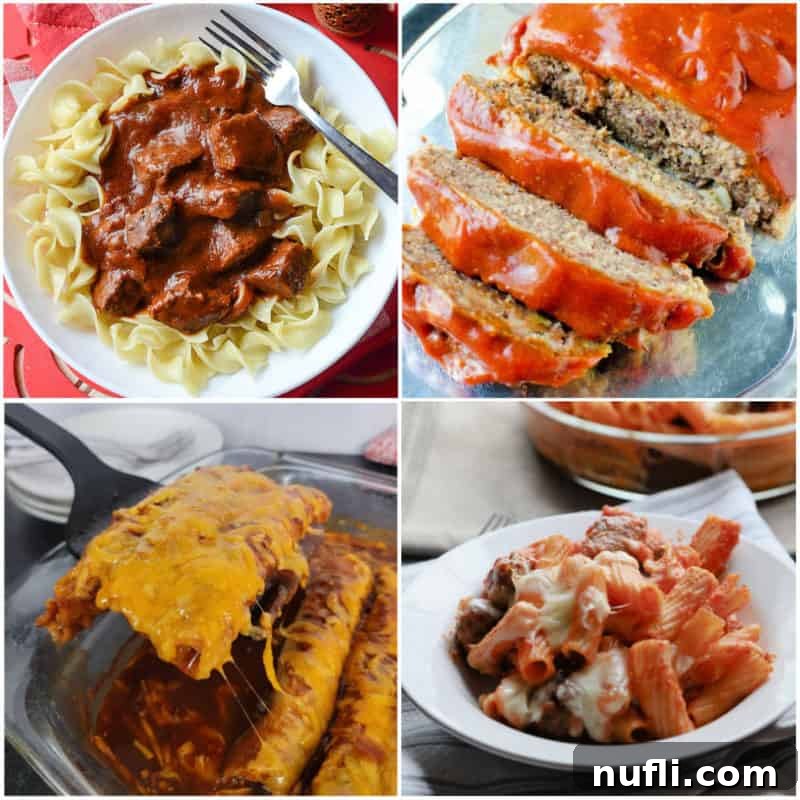 A vibrant collage of various comfort food recipes, including hearty goulash, savory meatloaf, cheesy enchiladas, and creamy pasta with mini meatballs, showcasing delicious options for cozy meals.