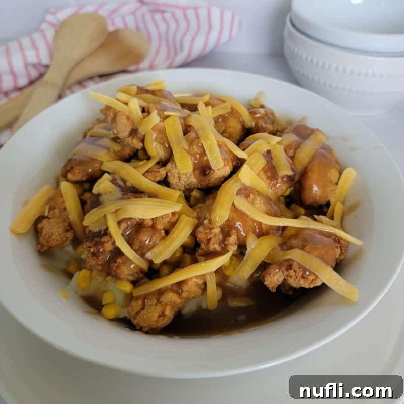 A CopyCat KFC Famous Bowl in a white bowl, complete with mashed potatoes, corn, crispy chicken, gravy, and cheese, next to decorative wooden spoons.