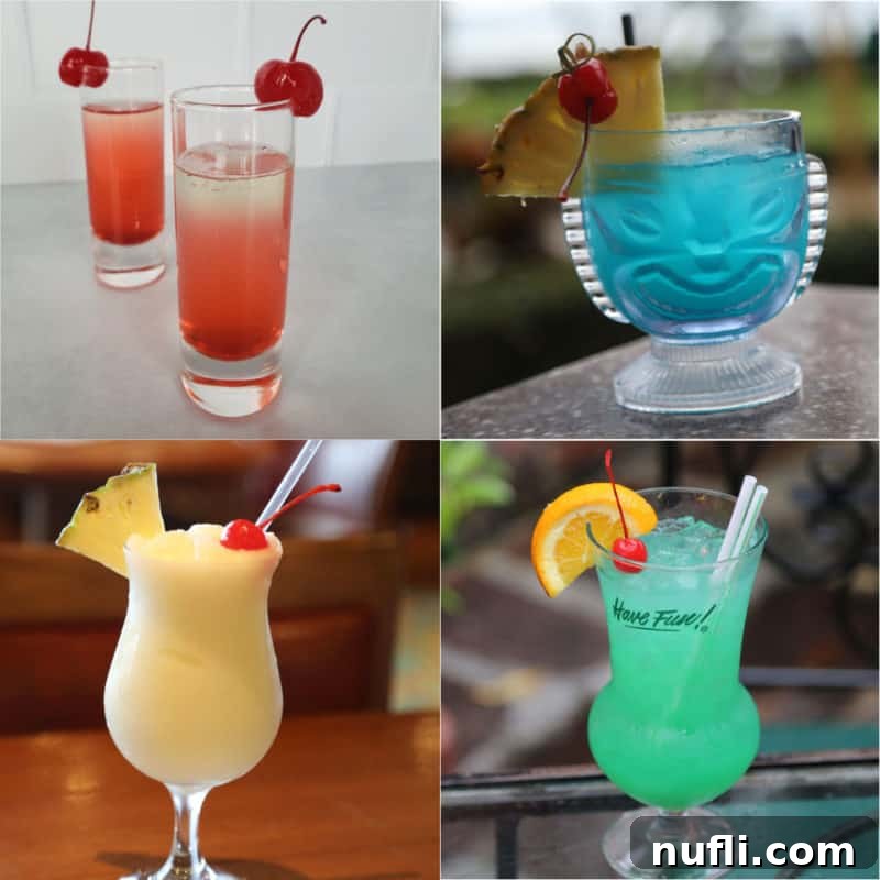 Tropical Pineapple Cocktails Made Easy 2 Collage of pineapple juice cocktails with a shot, blue Hawaiian, pina colada, and green cocktail