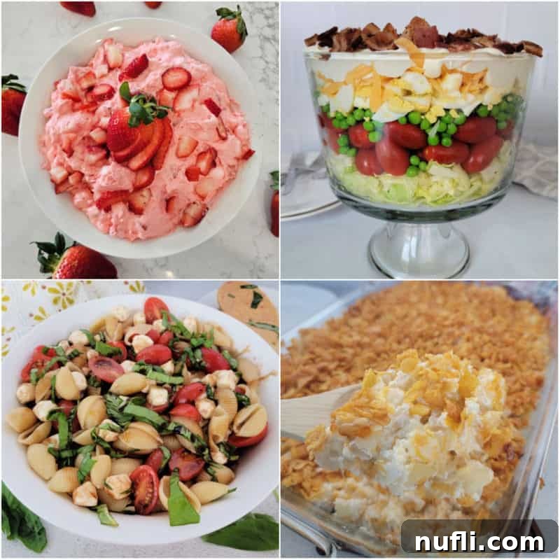 A vibrant collage of popular potluck dishes including creamy strawberry fluff, a colorful layered salad, fresh caprese pasta salad, and cheesy funeral potatoes, all perfect for sharing at any gathering.