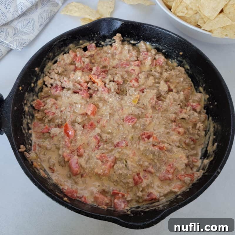 Velveeta Rotel Dip in a cast iron skillet next to a bowl of chips