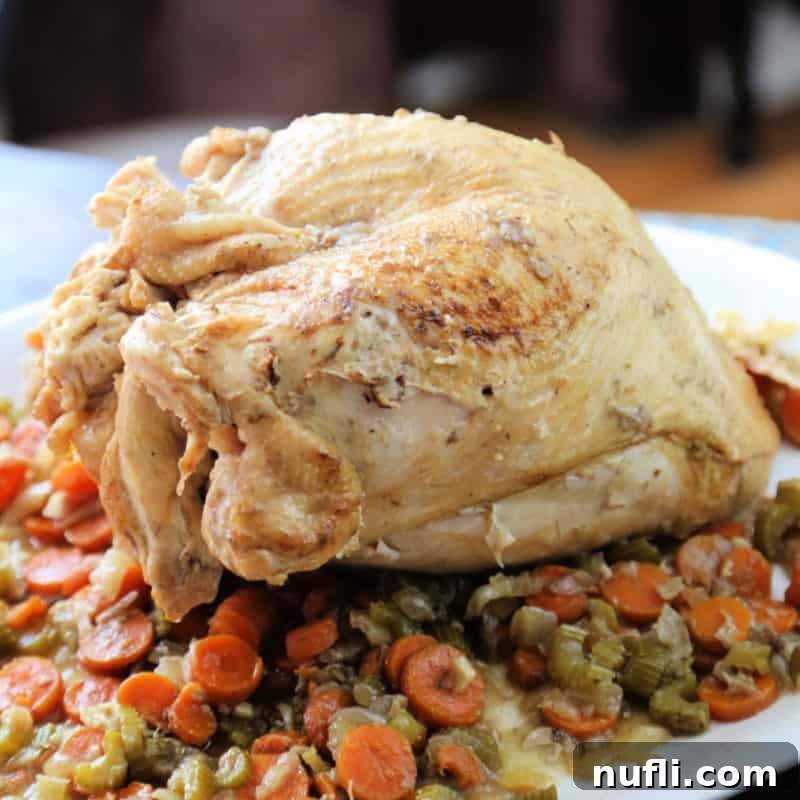 A white platter showcasing a beautifully roasted Crockpot Turkey, resting on a bed of aromatic celery, onions, and carrots.
