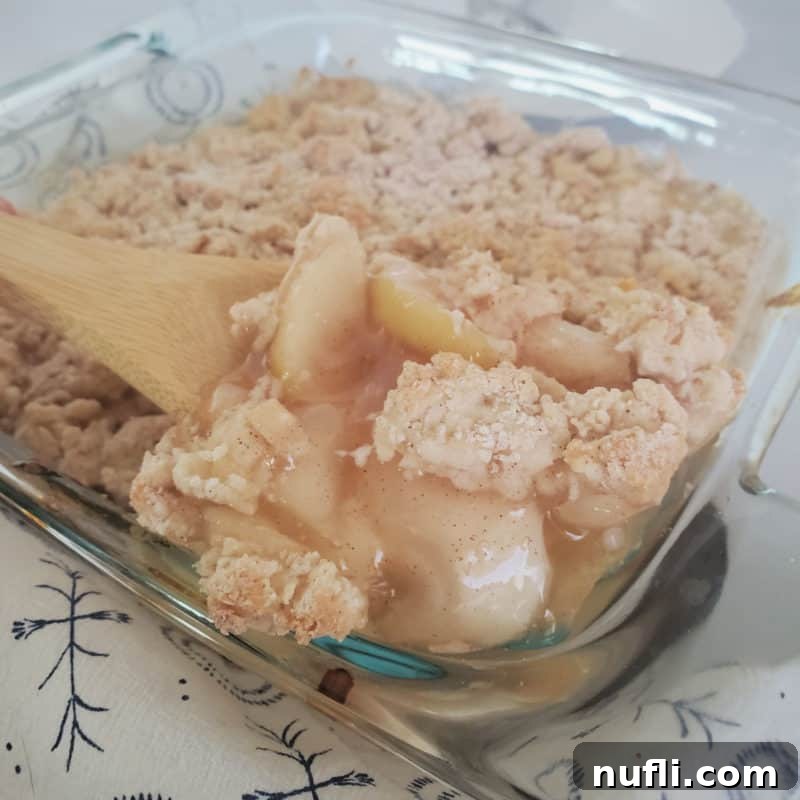 Bisquick Apple Cobbler bubbling in a glass baking dish, with a wooden spoon scooping out a generous portion.