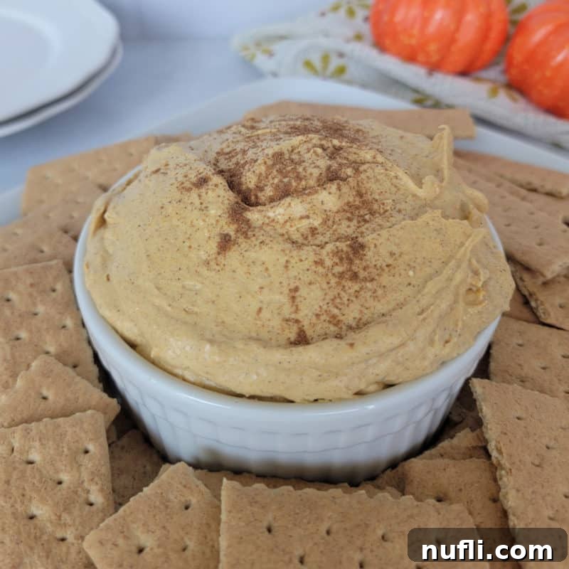 A white bowl of creamy Pumpkin Cream Cheese Dip, surrounded by crisp graham crackers for dipping.