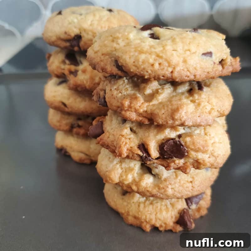 A stack of golden-brown Cake Mix Chocolate Chip Cookies on a baking sheet, showcasing their perfectly baked texture.