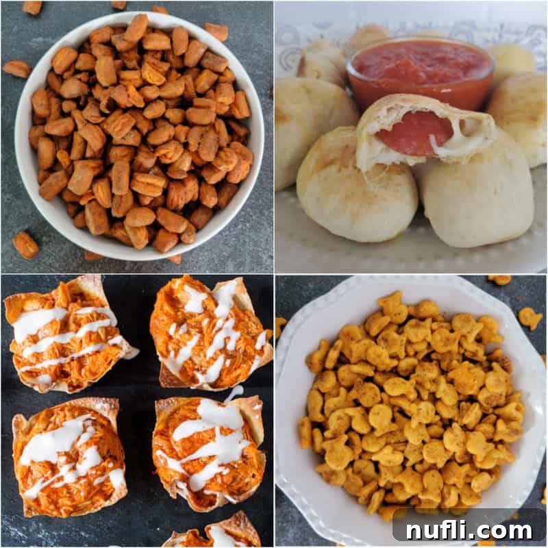 A vibrant collage of delicious savory snacks, featuring crispy pretzel nuggets, savory pepperoni rolls, spicy buffalo chicken bites, and classic goldfish crackers. Perfect for inspiring your next snack session.