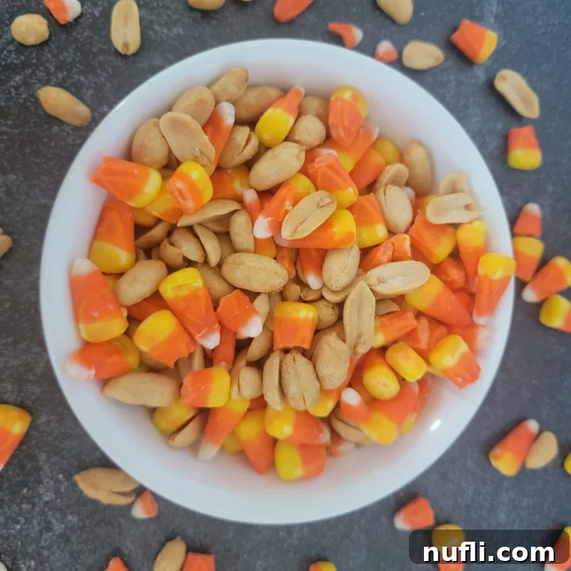 A festive white bowl filled with a unique Candy Corn and Peanuts Snack Mix, featuring salted dry-roasted peanuts and colorful Halloween candy corn for a sweet and salty treat.