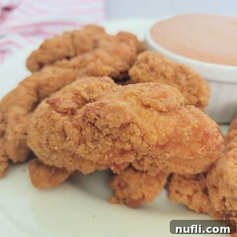 Crispy air-fried chicken tenders arranged artfully on a white plate with a side of delicious dipping sauce, highlighting their golden-brown coating.